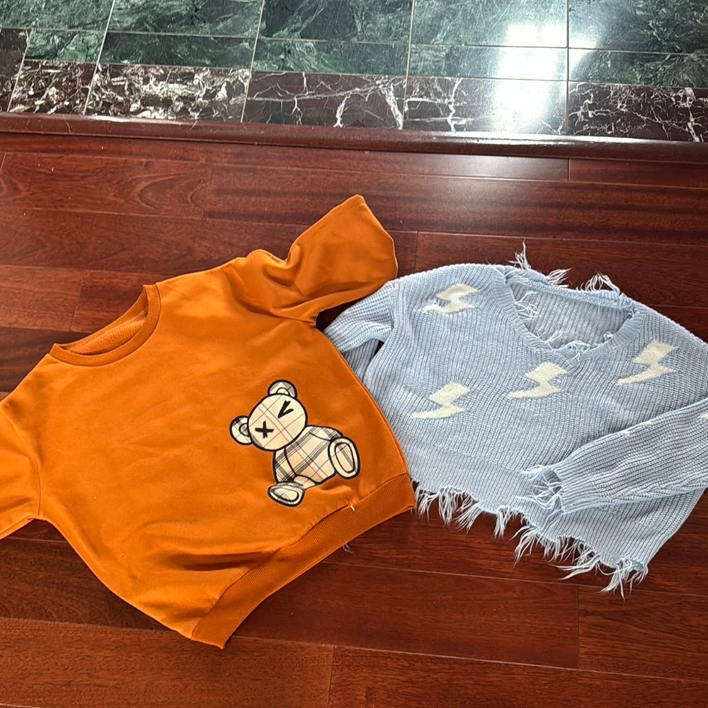Orange Bear Print Kids Shirt and lightning bold sweater nwot